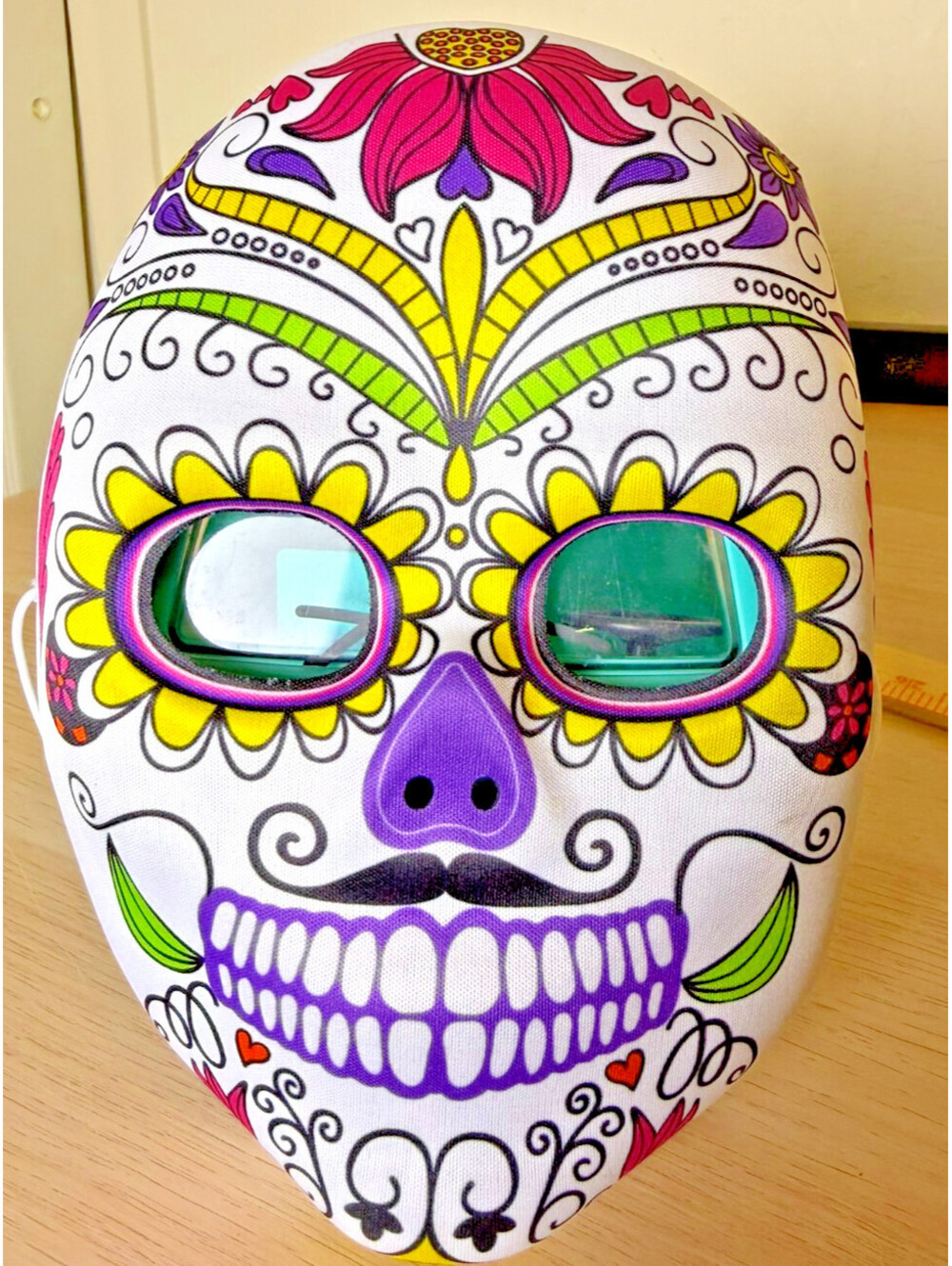 Day Of The Dead Sugar Skull Mask Fabric Pink Purple Floral Mustache Calavera Cos
